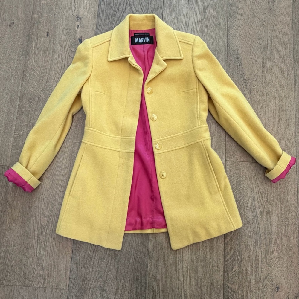 🌱VTG Marvin Richard’s 100% Wool Coat, Sz Small, Yellow/ Pink With Hidden Buttons